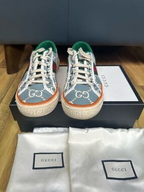 Gucci Blue GG Canvas Sneakers with Orange Piping and Green Lining